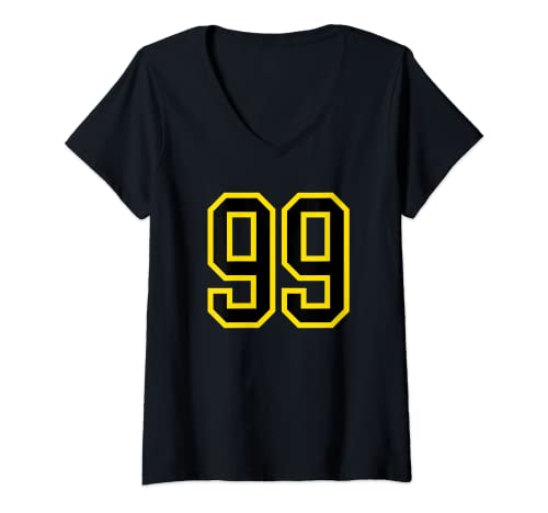 Consigue ahora Mujer Número camiseta # 99 cumpleaños amarillo BlackFriday y negro número deportivo 99 Camiseta Cuello V Ofertas 2025 | regaloscumple.com