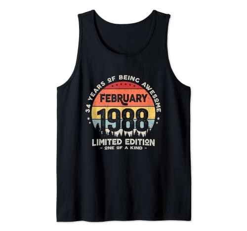 Comprar Regalo 34 años Cumpleaños Hombre Mujer Ideas para regalar - Febrero 1988 Camiseta sin Mangas Top Precio 2025 | regaloscumple.com