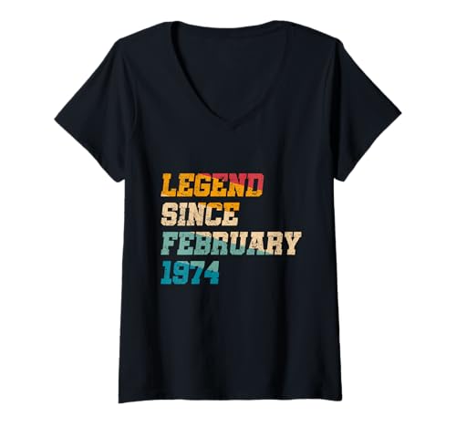 Consigue ahora Mujer Leyenda Promoción 51 años desde febrero 1974 divertido cumpleaños número 51 Camiseta Cuello V Ofertas 2025 | regaloscumple.com