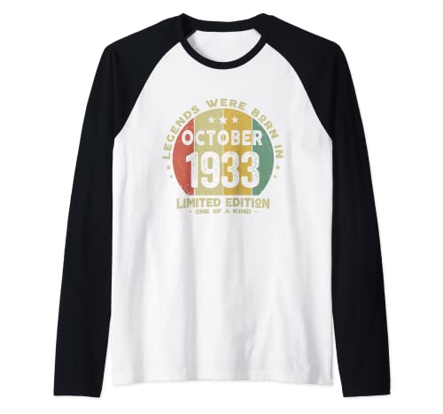 Consigue Navidad ahora Legends Were Born In October 1933 Cumpleaños Camiseta Manga Raglan Ofertas 2025 | regaloscumple.com