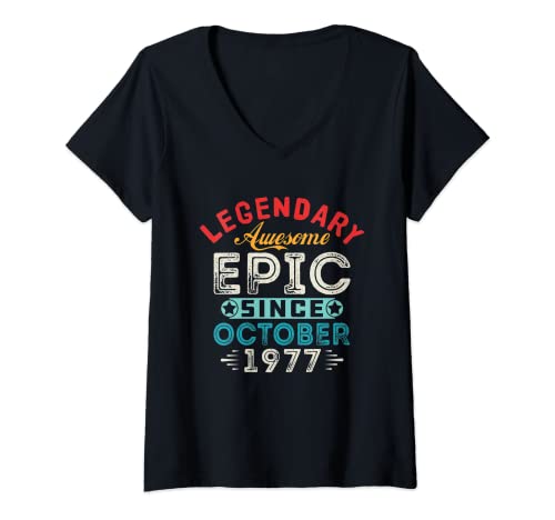 Comprar Mujer Octubre 1977 Fiesta cumpleaños Regalos vintage Promoción para 42 años Camiseta Cuello V Ofertas 2024 | regaloscumple.com