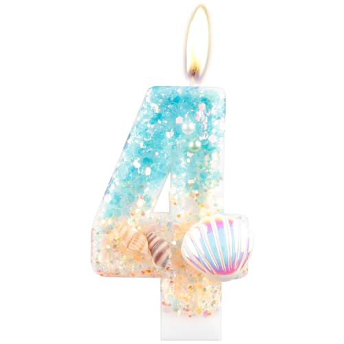 Consigue ahora Velas cumpleaños sirena velas lentejuelas concha para pasteles decoraciones cumpleaños BlackFriday 4 años velas cumpleaños océano azul velas número 4 para decoración tartas para Top Precio 2025 | regaloscumple.com