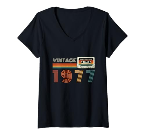 Consigue ahora Mujer Vintage 1977 Edición Limitada Retro Casete Cinta Cumpleaños 47 Camiseta Catálogo Cuello V Ofertas 2025 | regaloscumple.com
