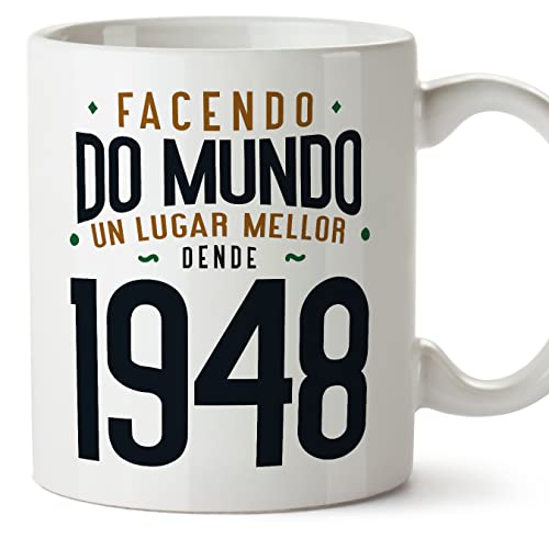 Consigue ahora MUGFFINS Tazas 1948 Cumpleaños - En Gallego - Facendo do Ideas para regalar Mundo un Lugar Mellor - 11 oz / 330 ml - Regalo original y divertido Ofertas 2024 | regaloscumple.com