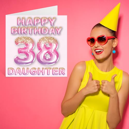 Comprar en Amazon Hija, globos purpurina rosa y morada, tarjetas feliz cumpleaños hija 38
