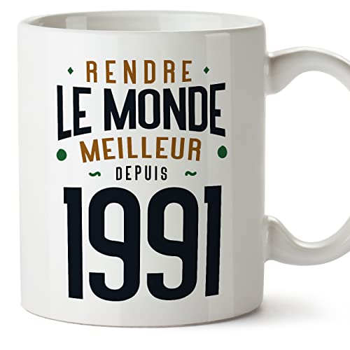 Consigue ahora MUGFFINS Tazas 1991 Cumpleaños - En Francés - Rendre le Monde Meilleur - 11 Ideas para regalar oz / 330 ml - Regalo original y divertido Rebajas 2025 | regaloscumple.com