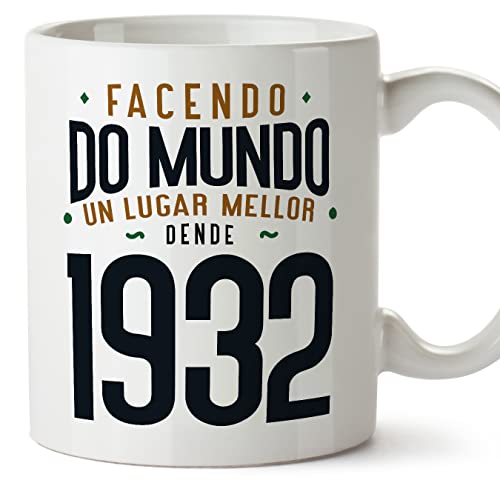 Consigue ahora MUGFFINS Tazas 1932 Cumpleaños - En Gallego - Regalos Facendo do Mundo un Lugar Mellor - 11 oz / 330 ml - Regalo original y divertido Rebajas 2024 | regaloscumple.com
