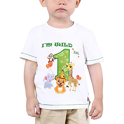 Oferta 1er Cumpleaños Niño Selva Manga Tops año Cumpleaños 100% Impreso (Blanco,