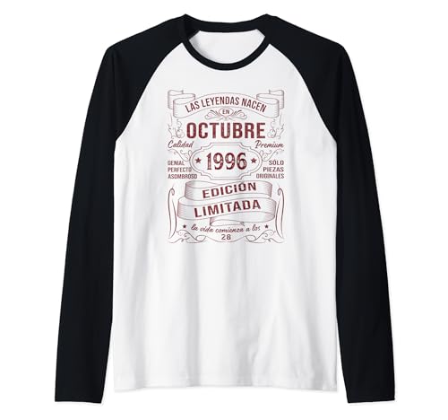 Consigue ahora Las Leyendas Nacen En Octubre 1996 28 Años Cumpleaños Catálogo Hombre Camiseta Manga Raglan Rebajas 2024 | regaloscumple.com