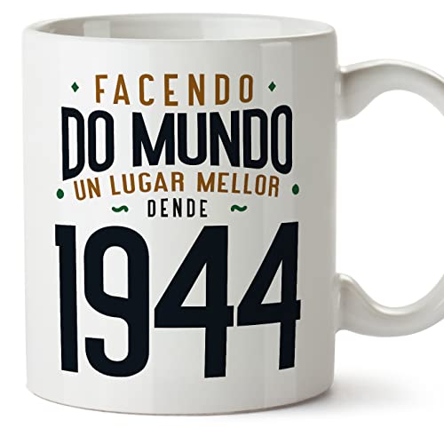 Consigue ahora MUGFFINS Tazas 1944 Cumpleaños - En Gallego - Facendo do Mundo un Lugar Mellor - 11 oz / 330 ml - Regalo original y divertido Regalos Top Precio 2024 | regaloscumple.com