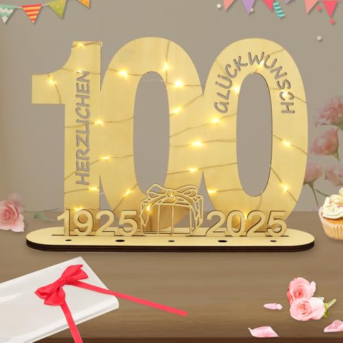 Consigue ahora Seutgjie Decoración para 100 cumpleaños mujeres y hombres 1925-2025 regalo dinero con cadena Navidad luces LED pajarita y papel regalo para aniversario boda decoración mesa cartel madera Rebajas 2025 | regaloscumple.com