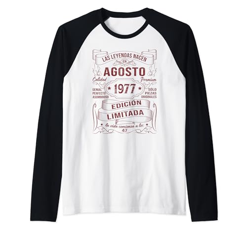 Consigue ahora Las Leyendas Nacen Catálogo En Agosto 1977 47 Años Cumpleaños Hombre Camiseta Manga Raglan Ofertas 2024 | regaloscumple.com