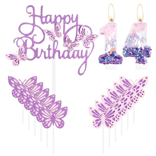 Comprar Velas mariposa cumpleaños número BlackFriday 14 para tartas color rosa y morado con el número 14 para decoración tartas cumpleaños niñas velas cumpleaños mariposa decoración pastel para Rebajas 2024 | regaloscumple.com