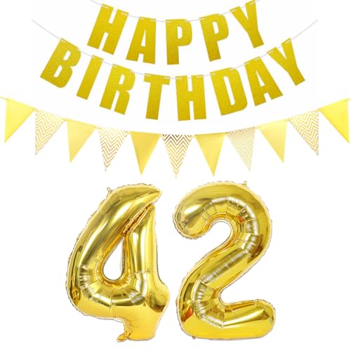 Consigue ahora 2 globos con el número 42 dorado + guirnalda cumpleaños + banderines dorados para 42 cumpleaños decoración para hombres y mujeres 42 años Ideas para regalar 42 globos cumpleaños Top Precio 2024 | regaloscumple.com