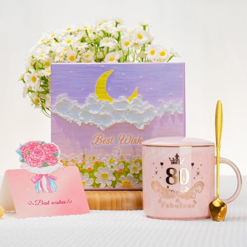 Oferta Flash Taza, 80 Cumpleaños 400ml Taza Cerámica Jaspeada Rosa, Regalos Mujer 80