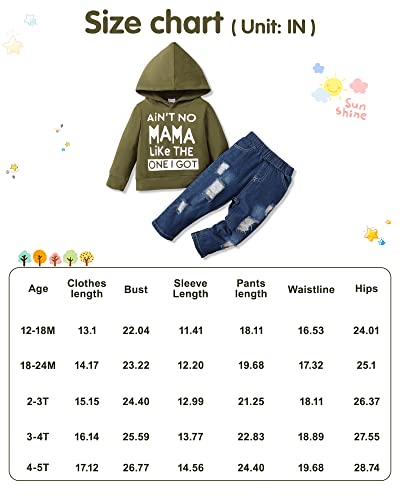 Oferta Flash SOLOYEE Bebé Niño Conjunto Ropa 12-18 Meses Infantil Moda Letra Patrón Sudadera Manga Larga Con Capucha + Pantalones Vaqueros 2 Piezas, Verde Militar