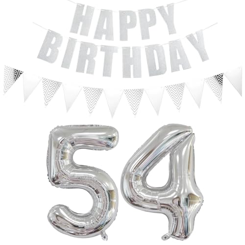 Consigue ahora 2 globos con el número 54 plateados + guirnalda feliz cumpleaños + guirnalda plateada para 54 cumpleaños decoración para hombres y mujeres 54 años 54 globos cumpleaños Ideas para regalar Top Precio 2025 | regaloscumple.com