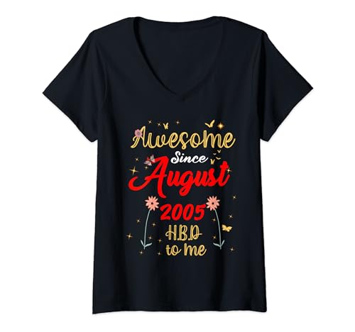 Consigue ahora Mujer Impresionante desde agosto 2005 cumpleaños Flores y Promoción mariposas Camiseta Cuello V Top Precio 2024 | regaloscumple.com
