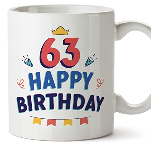 Comprar MUGFFINS Tazas 63 Cumpleaños - En Inglés - Happy Birthday! - 11 oz / 330 ml Promoción - Regalo original y divertido Ofertas 2025 | regaloscumple.com