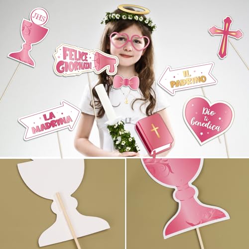 Ofertas en regaloscumple.com 13Pcs Photocall Comunione Niña Rosa en Italiano, 1 * Marco de Fotos + 12 Accesorios, Fotocall Fotocol Comunión Original Divertido Cartulina Prima Decoración (Rosado)