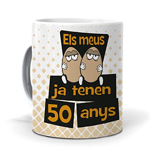Consigue ahora Mundohuevo Taza BlackFriday Regalo 50 cumpleaños Hombre en Catalan ELS meus Ous ja tenen 50 anys. Ceramica AAA - 350 ml. Top Precio 2024 | regaloscumple.com