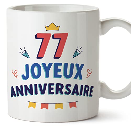 Comprar MUGFFINS Tazas 77 Cumpleaños - En Francés - Joyeux anniversaire! - 11 oz / 330 ml - Catálogo Regalo original y divertido Rebajas 2025 | regaloscumple.com