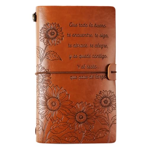 Comprar Cuaderno Cuero Vintage A6 Regalo Inspirador en Español Navidad Cumpleaños Ideas para regalar para Mujeres Que Todo Lo Bueno Te Encuentre Libreta Pequeña Girasol Diario Viaje Rebajas 2024 | regaloscumple.com