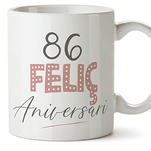 Consigue ahora MUGFFINS Tazas 86 Cumpleaños - Promoción En Catalán - Feliç Aniversari! Rosa - 11 oz / 330 ml - Regalo original y divertido Ofertas 2024 | regaloscumple.com