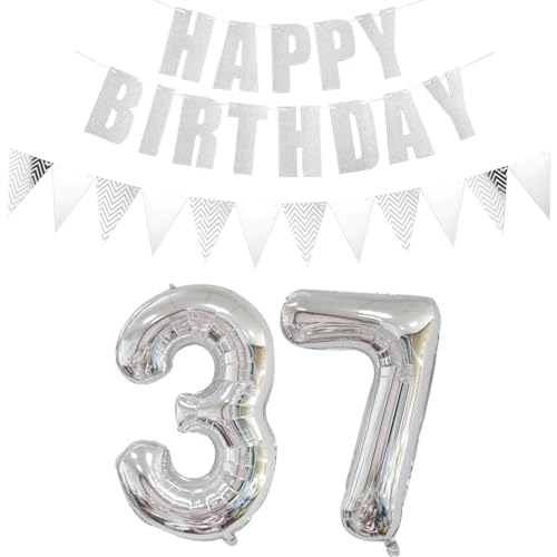 Comprar Globos con número 37 plata + guirnalda feliz cumpleaños + pancarta globo papel aluminio 37 cumpleaños decoración para mujer Regalos hombre 37 Ofertas 2025 | regaloscumple.com