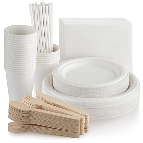 Consigue ahora Fuyit 200 Piezas Vajilla Desechable Para 25 Personas Platos Desechable Bagasse Biodegradable Viene con Cuchillo Tenedor Cuchara Taza Pajita y Servilletas Cumpleaños Para Cumpleaños Fiesta Camping Top Precio 2025 | regaloscumple.com