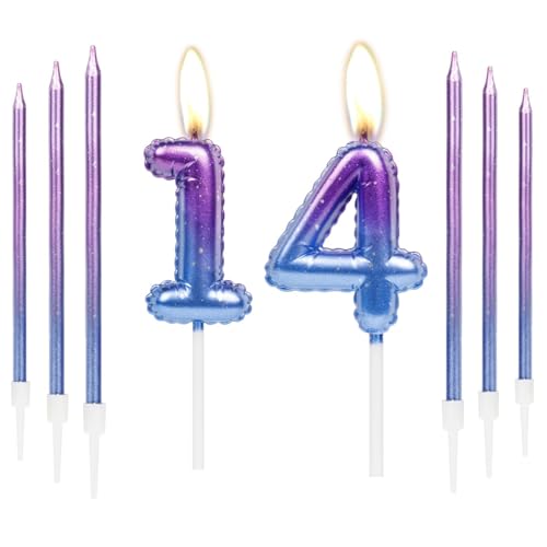 Consigue ahora Colorido juego velas cumpleaños velas número 14 con 6 velas largas moradas y azules velas feliz Navidad cumpleaños 14 para pasteles velas pastel para niñas y niños decoraciones fiesta Ofertas 2024 | regaloscumple.com