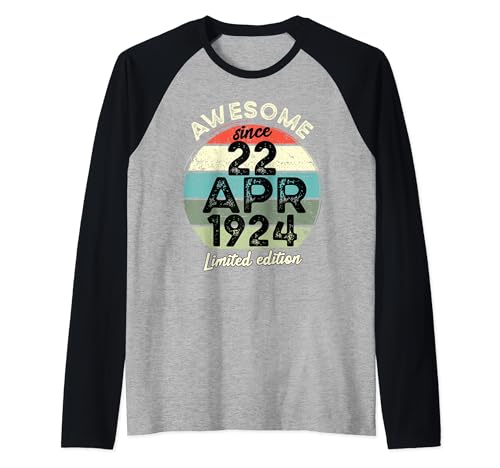 Comprar 22 abril 1924 100 cumpleaños Regalos 100 años 2024 Cumpleaños Camiseta Manga Raglan Rebajas 2024 | regaloscumple.com