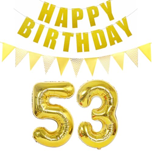 Consigue ahora 2 globos con el número 53 dorado + guirnalda cumpleaños + banderines dorados para 53 cumpleaños decoración para hombres y mujeres 53 años 53 globos Cumpleaños cumpleaños Ofertas 2025 | regaloscumple.com