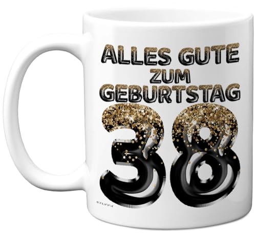 Comprar Taza 38 cumpleaños para hombres y mujeres Regalos 325 ml apta para lavavajillas diseño globos con purpurina color negro y dorado Rebajas 2025 | regaloscumple.com