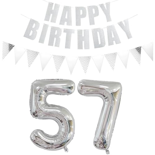 Consigue ahora Globos con número 57 plata + guirnalda feliz cumpleaños + pancarta globo papel Promoción aluminio 57 cumpleaños decoración para mujer hombre Ofertas 2025 | regaloscumple.com