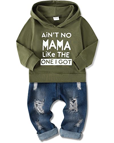 Comprar SOLOYEE Bebé Niño Conjunto Ropa 12-18 Meses Infantil Moda Letra Patrón Sudadera Manga Larga Con Capucha + Pantalones Vaqueros Promoción 2 Piezas Verde Militar Top Precio 2024 | regaloscumple.com