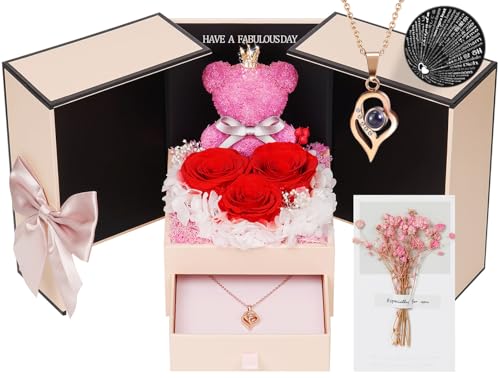 Consigue ahora ADDWel Collar Rosa Ideas para regalar Real roja preservada con Texto en inglés I Love You en 100 Idiomas Oso Rosas encantadas Lindo Regalo romántico Aniversario Navidad cumpleaños para mamá Esposa Ofertas 2024 | regaloscumple.com