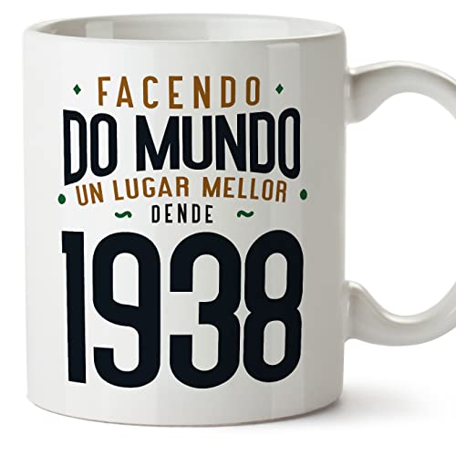 Consigue ahora MUGFFINS Tazas 1938 Cumpleaños - En Gallego - Facendo do Mundo Cumpleaños un Lugar Mellor - 11 oz / 330 ml - Regalo original y divertido Top Precio 2025 | regaloscumple.com