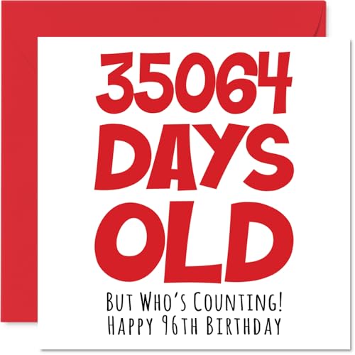 Consigue ahora Tarjeta felicitación 96 cumpleaños hombres mujeres él ella 35064 días edad divertida tarjeta cumpleaños adultos noventa seis noventa Catálogo sexto abuela abuela abuelo gran 145 mm x 145 mm Ofertas 2023 | regaloscumple.com