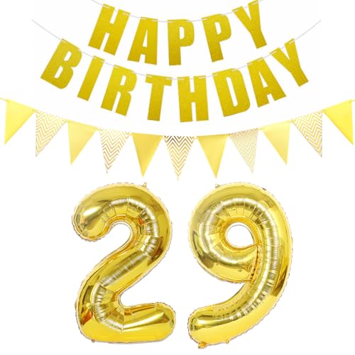 Comprar Globos número 29 oro + guirnalda feliz cumpleaños + globo Ideas para regalar aluminio pancarta 29. Globos decorativos cumpleaños para mujer y hombre 29 años Ofertas 2024 | regaloscumple.com