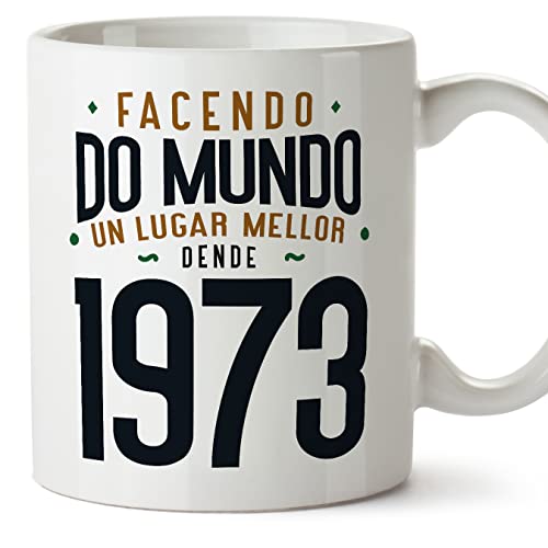 Consigue ahora MUGFFINS Tazas 1973 Cumpleaños - En Gallego - Facendo do Mundo un Lugar Mellor - 11 oz / 330 Navidad ml - Regalo original y divertido Top Precio 2024 | regaloscumple.com