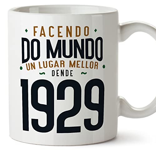 Consigue ahora MUGFFINS Tazas 1929 Cumpleaños - En Gallego - Facendo do Mundo un Lugar Mellor - 11 oz / 330 ml - Regalo Ideas para regalar original y divertido Ofertas 2024 | regaloscumple.com
