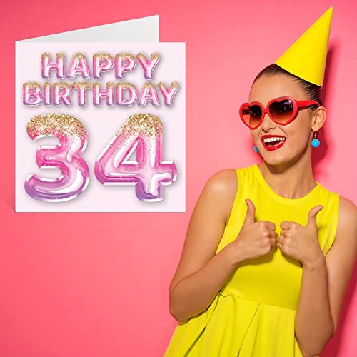 Ofertas en regaloscumple.com Cumpleaños 34 globos rosa morada, feliz mujer años, hermana, tía, mm 145 tarjetas
