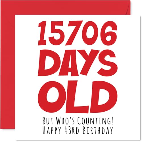 Consigue ahora Tarjeta felicitación 43 cumpleaños hombres mujeres él ella 15706 días edad divertida tarjeta felicitación 43 años adultos cuarenta tres terceros hermano hermana hijo hija 145 mm x 145 Promoción mm Top Precio 2024 | regaloscumple.com