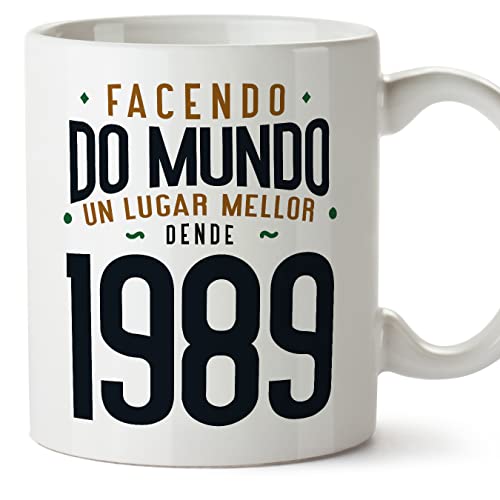 Consigue ahora MUGFFINS Tazas 1989 Cumpleaños - En Gallego - Regalos Facendo do Mundo un Lugar Mellor - 11 oz / 330 ml - Regalo original y divertido Ofertas 2024 | regaloscumple.com