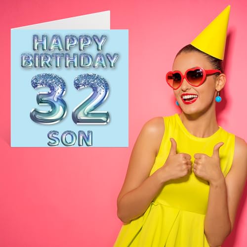 Ofertas de última hora Tarjeta de cumpleaños número 32 para hijo, globos fiesta con purpurina azul, tarjetas feliz hijo años mamá, papá, padres, felicitación 145