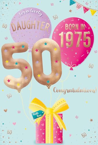 Consigue ahora ICG - Tarjeta cumpleaños Ideas para regalar número 50 para hija 2025 – Tarjeta feliz cumpleaños con globos nacidos en 1975 y diseño regalo y acabados especiales – Tarjetas cumpleaños para mujer Ofertas 2025 | regaloscumple.com