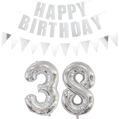 Consigue ahora Globos con número 38 plata + guirnalda feliz Cumpleaños cumpleaños + pancarta globo papel aluminio 38 cumpleaños decoración mujer hombre globos 38 Ofertas 2025 | regaloscumple.com