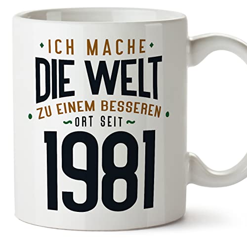 Consigue ahora MUGFFINS Tazas 1981 Cumpleaños - En Alemán - Ich Mache Die Welt zu Einem Besseren - 11 oz / Catálogo 330 ml - Regalo original y divertido Top Precio 2024 | regaloscumple.com