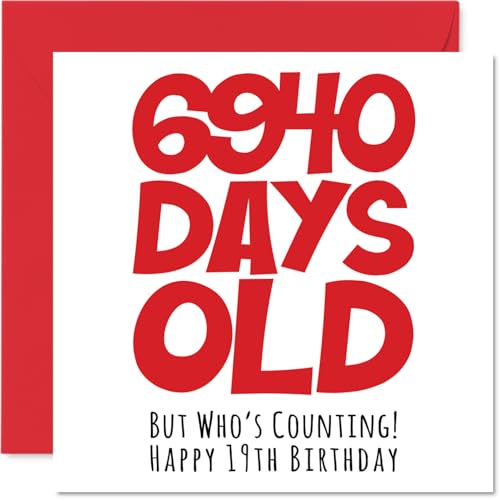 Consigue ahora Tarjeta felicitación 19 cumpleaños para hombres mujeres él ella 6940 días BlackFriday edad divertida tarjeta felicitación 19 años para hermano hermana hijo hija primo 145 mm x 145 mm Ofertas 2025 | regaloscumple.com